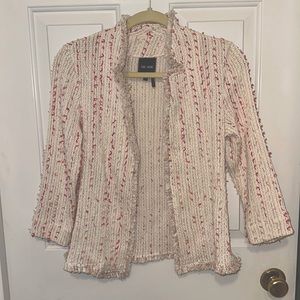 Nic + Zoe Spring Fringe White Red Pink Tweed Jacket Blazer Size PETITE SMALL